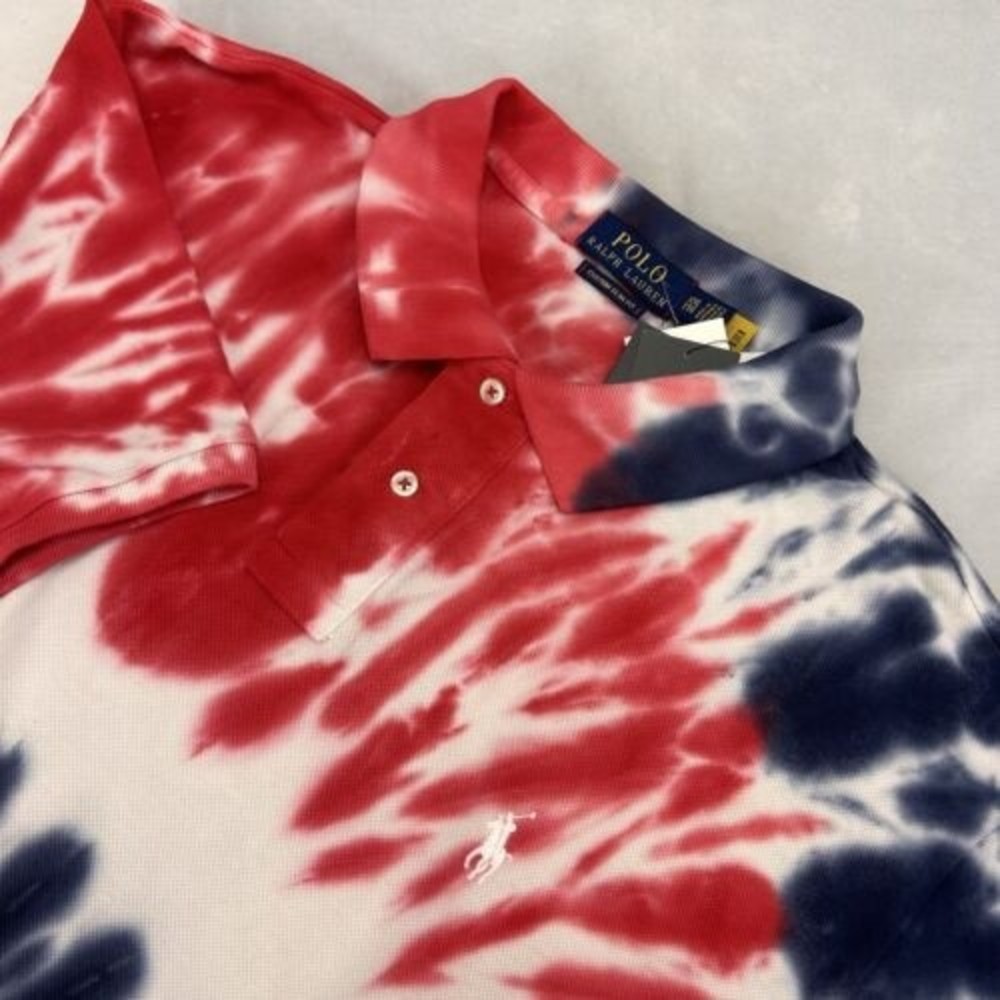 Polo Ralph‎ Lauren Men Red White Blue Tie Dye Cotton Short Sleeve Polo Shirt XXL